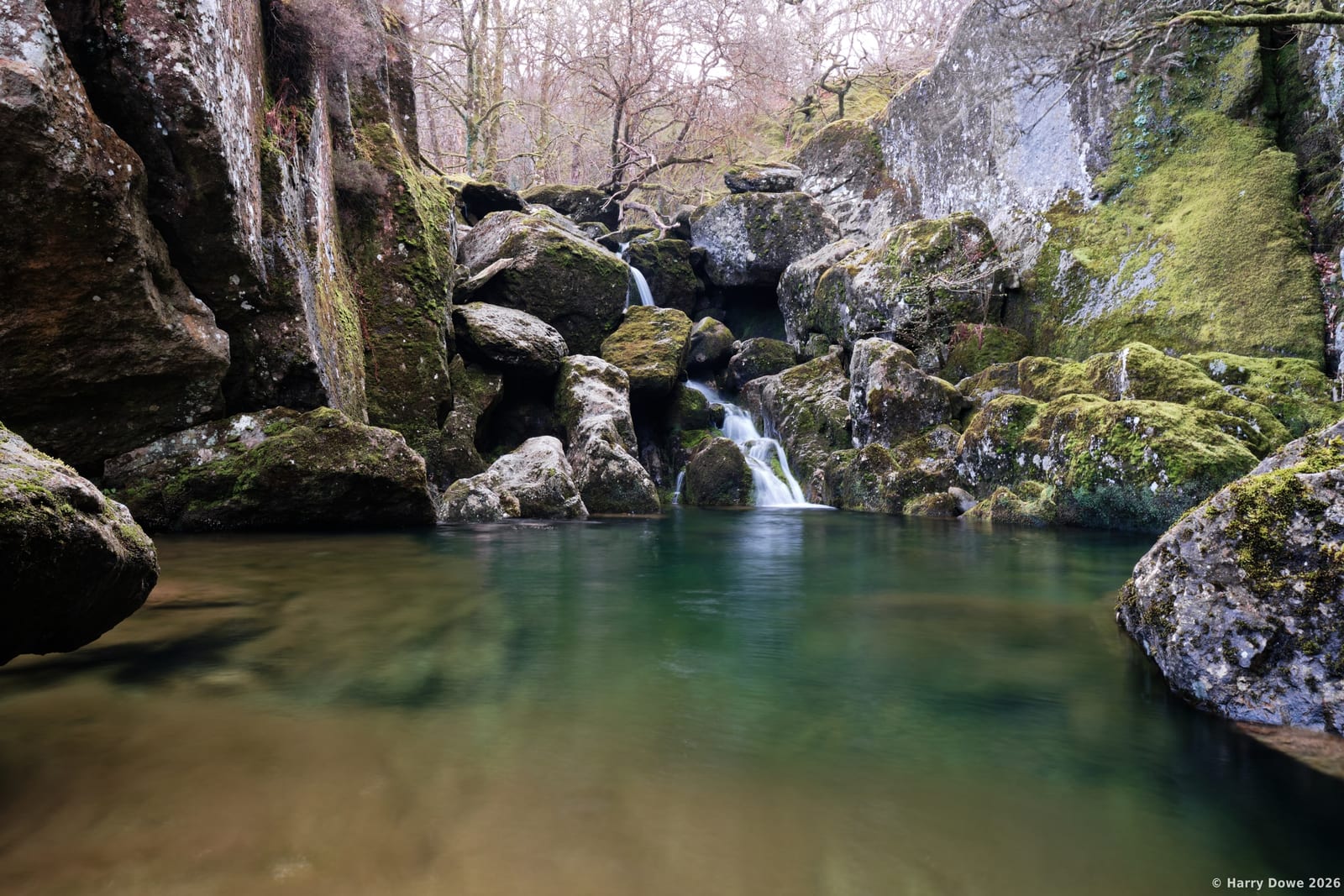 Low angle view of clear, deep green water pooling below a small stream trickling over mossy boulders in a rocky woodland ravine