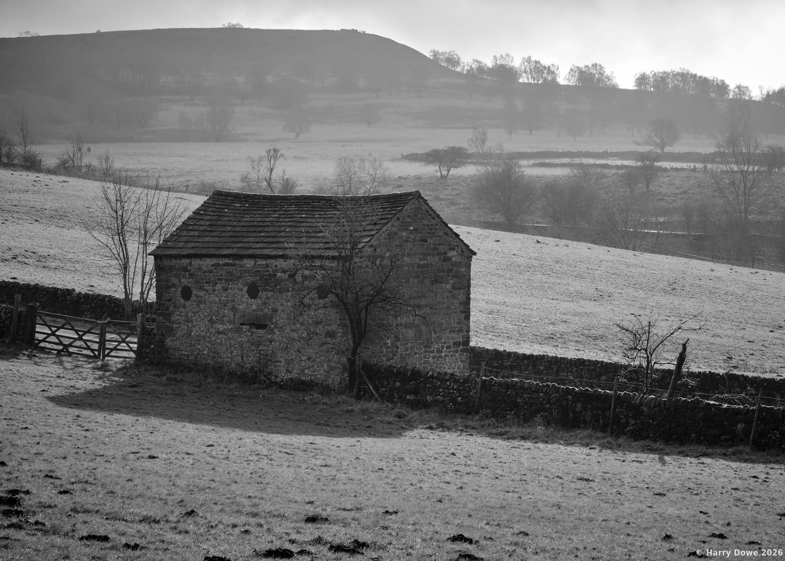High contrast black and white view of a solitary stone field barn nestled against a drystone wall on a frosty, undulating hillside